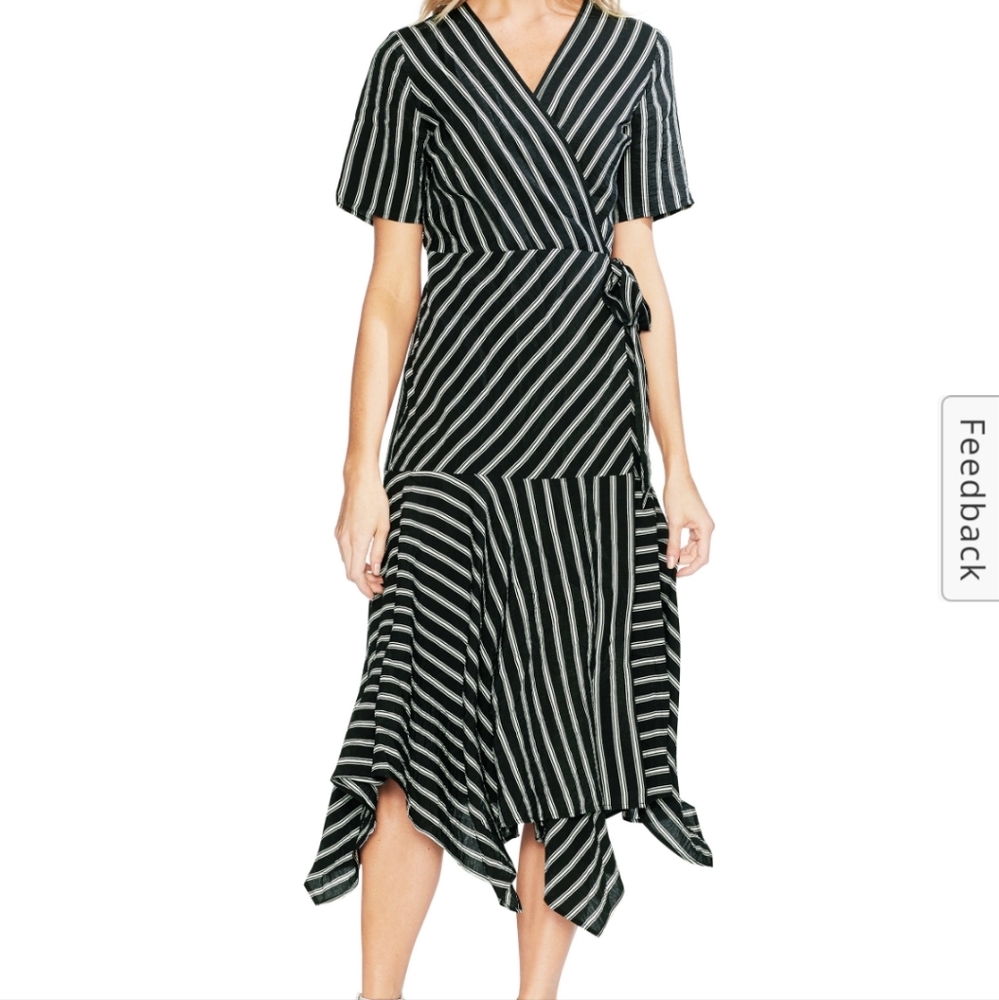 Vince Camuto striped faux wrap midi handkerchief dress